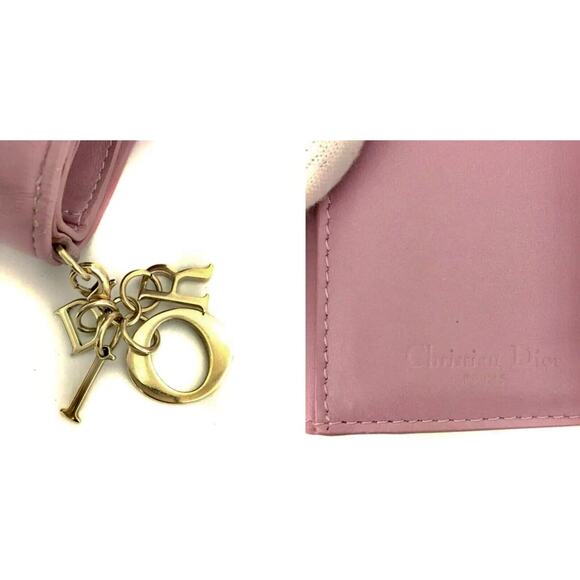Authentic Christian Dior Cannage Leather Compact Trifold Wallet W/ Charm Pink - Picture 6 of 9